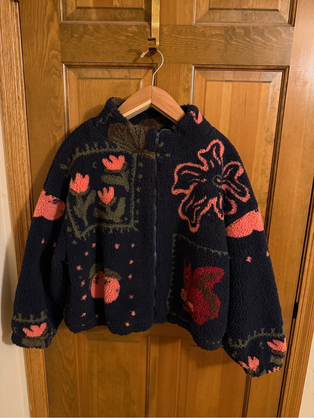 Women’s Cider Oversized Floral Teddy Fleece Jacket Navy Patchwork 1XL